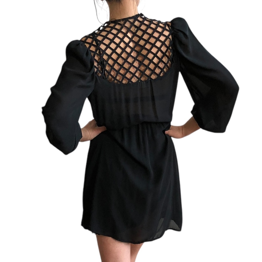 Vintage Black Sheer V-neck Mini Dress w/ Caged Style Lattice Open Back • Small